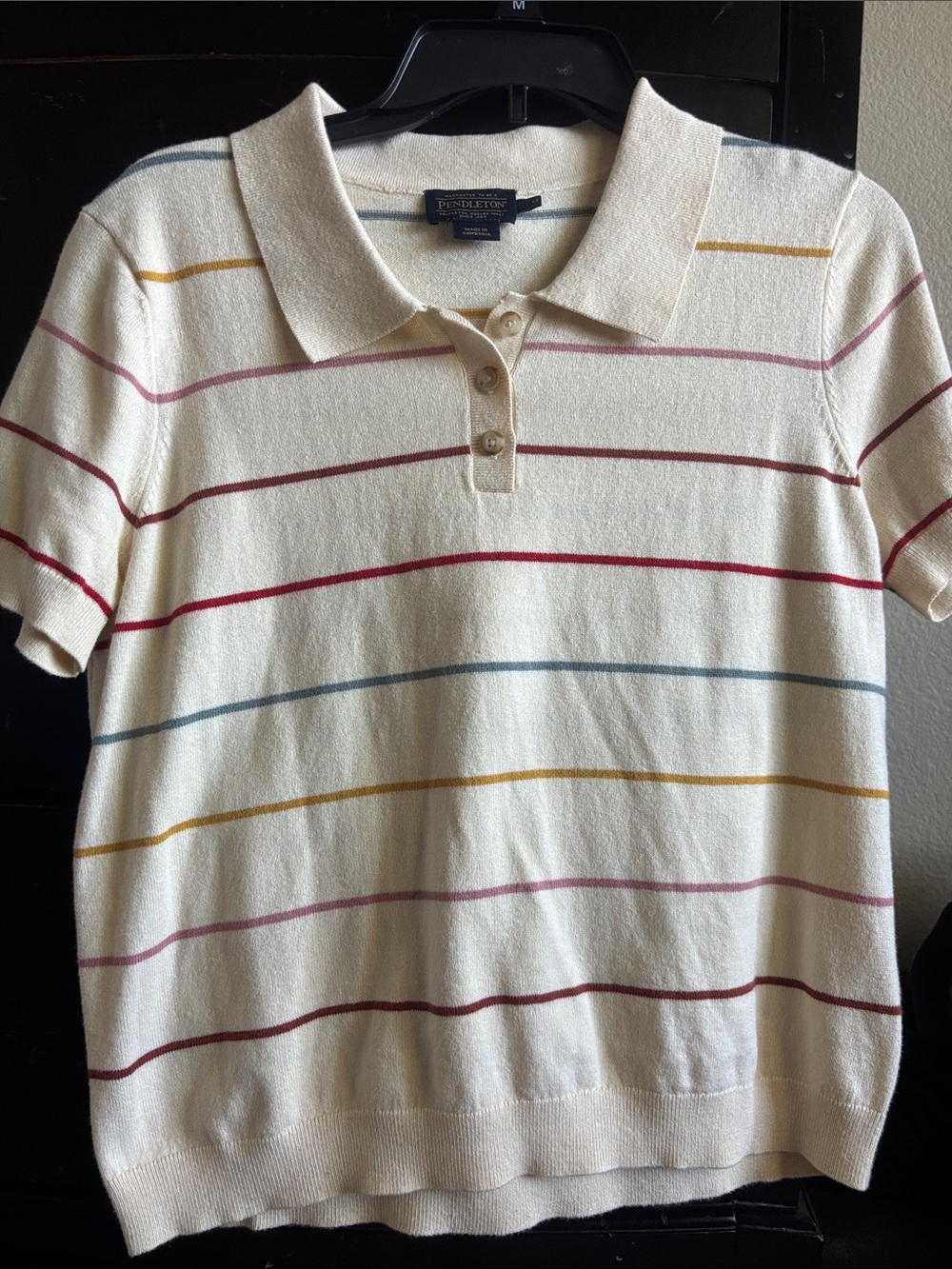 Pendleton Cream Short Sleeve Polo with Multicolor Stripe Accents